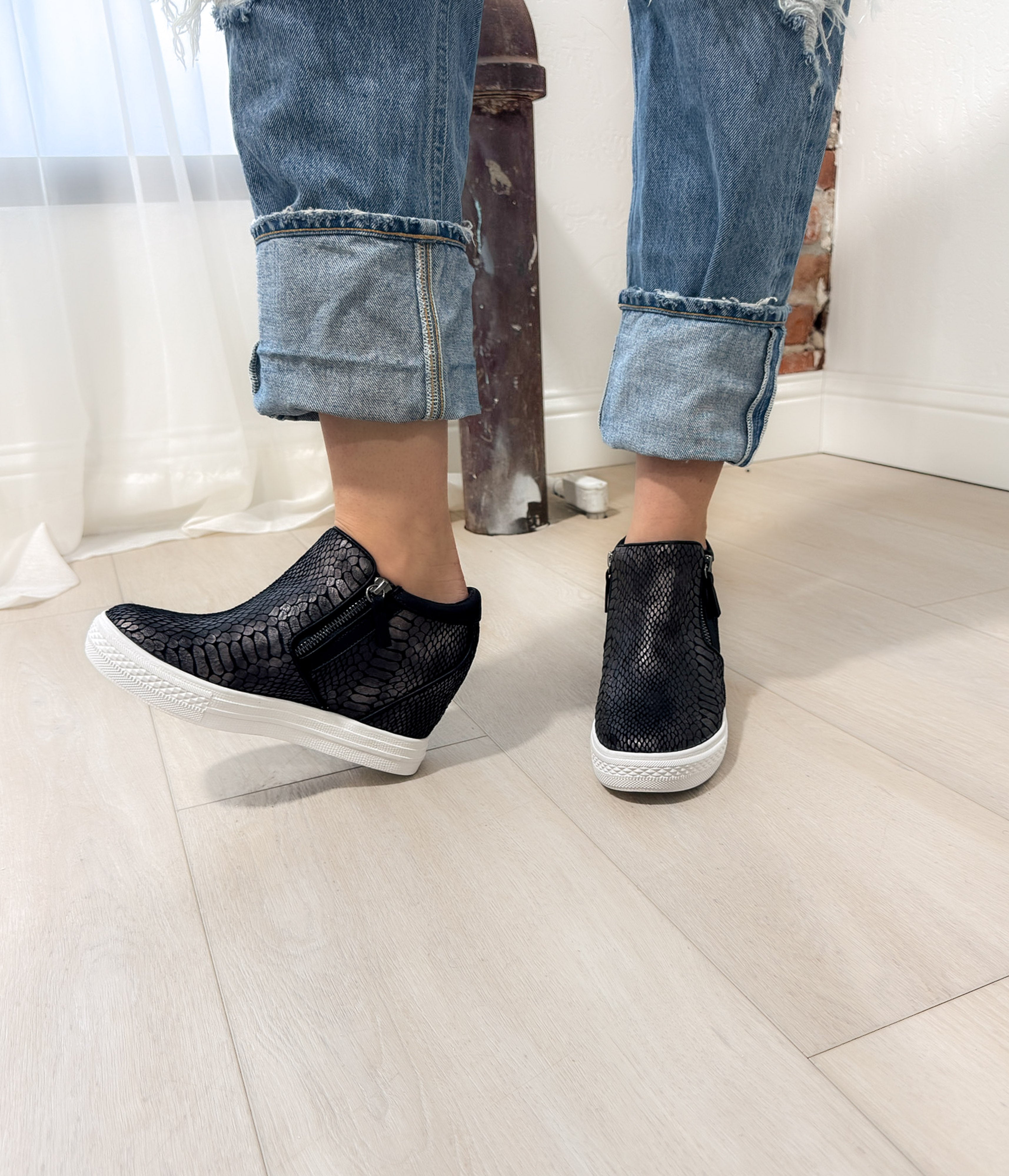 Timmibelle Wedge Sneaker Black Reptile Embossed Leather Naughty Monkey